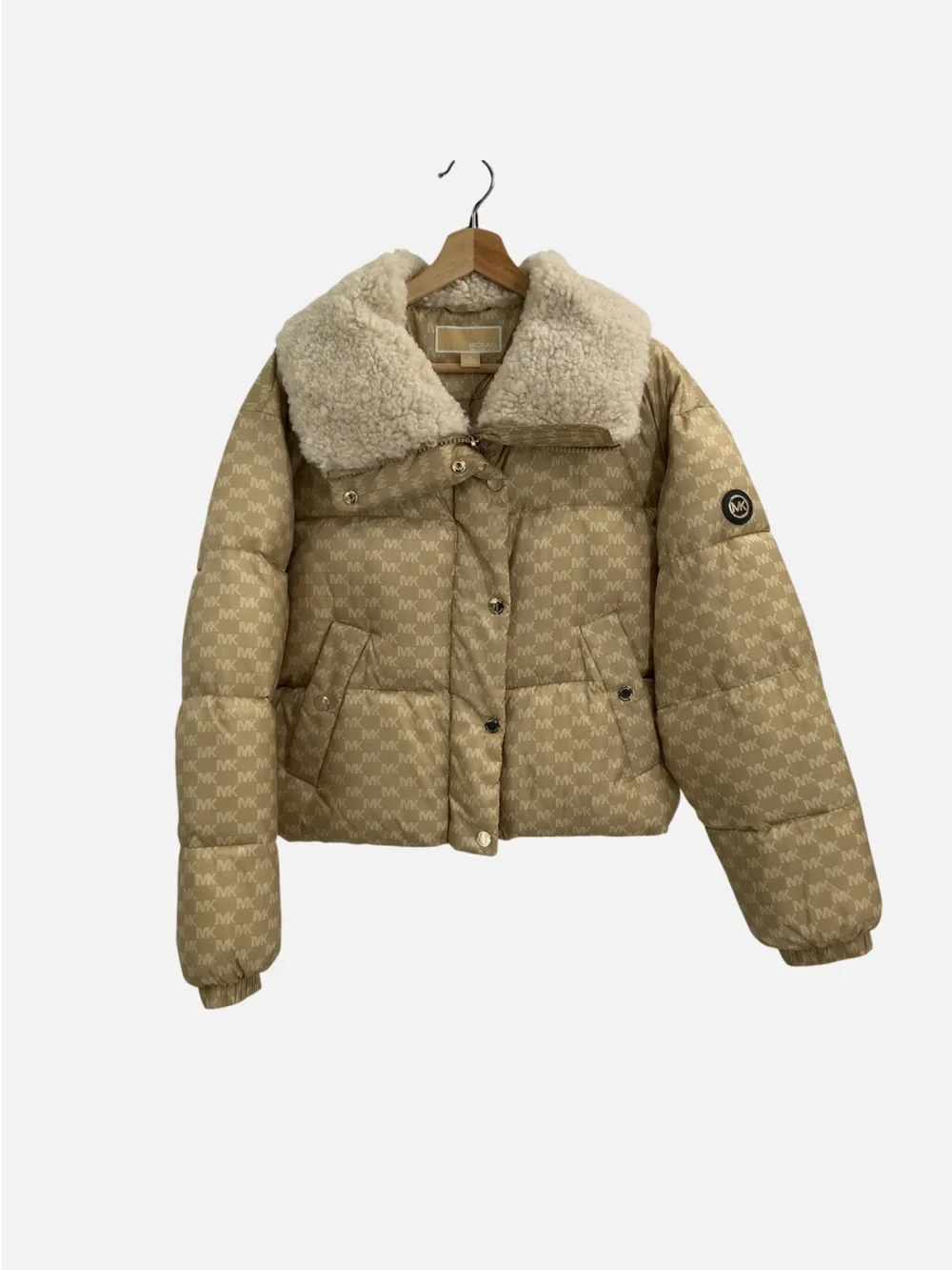Firm PRICE. Michael Kors Beige Logo-Print Sherpa Collar Puffer Jacket
